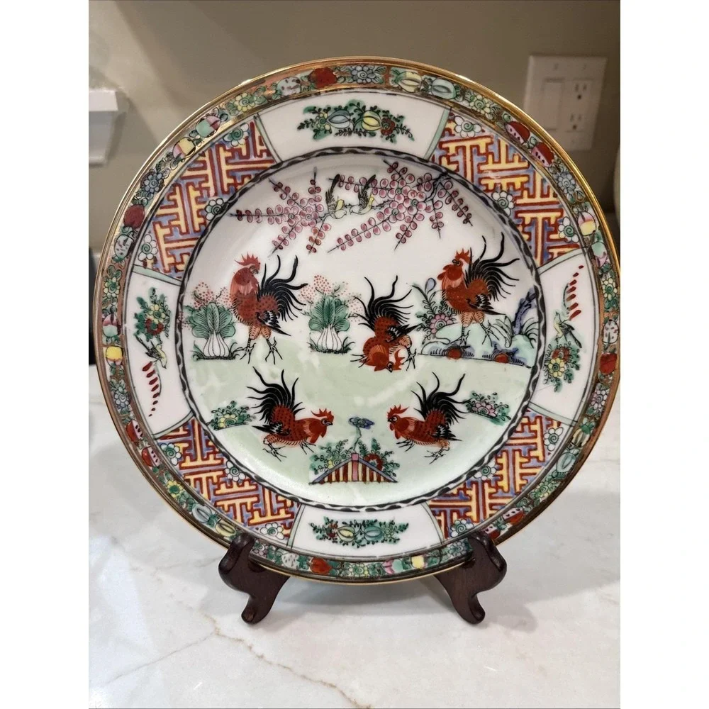 Vintage Hand Decorated Hong Kong Rooster Plate SMC Chinese Export Style Decor